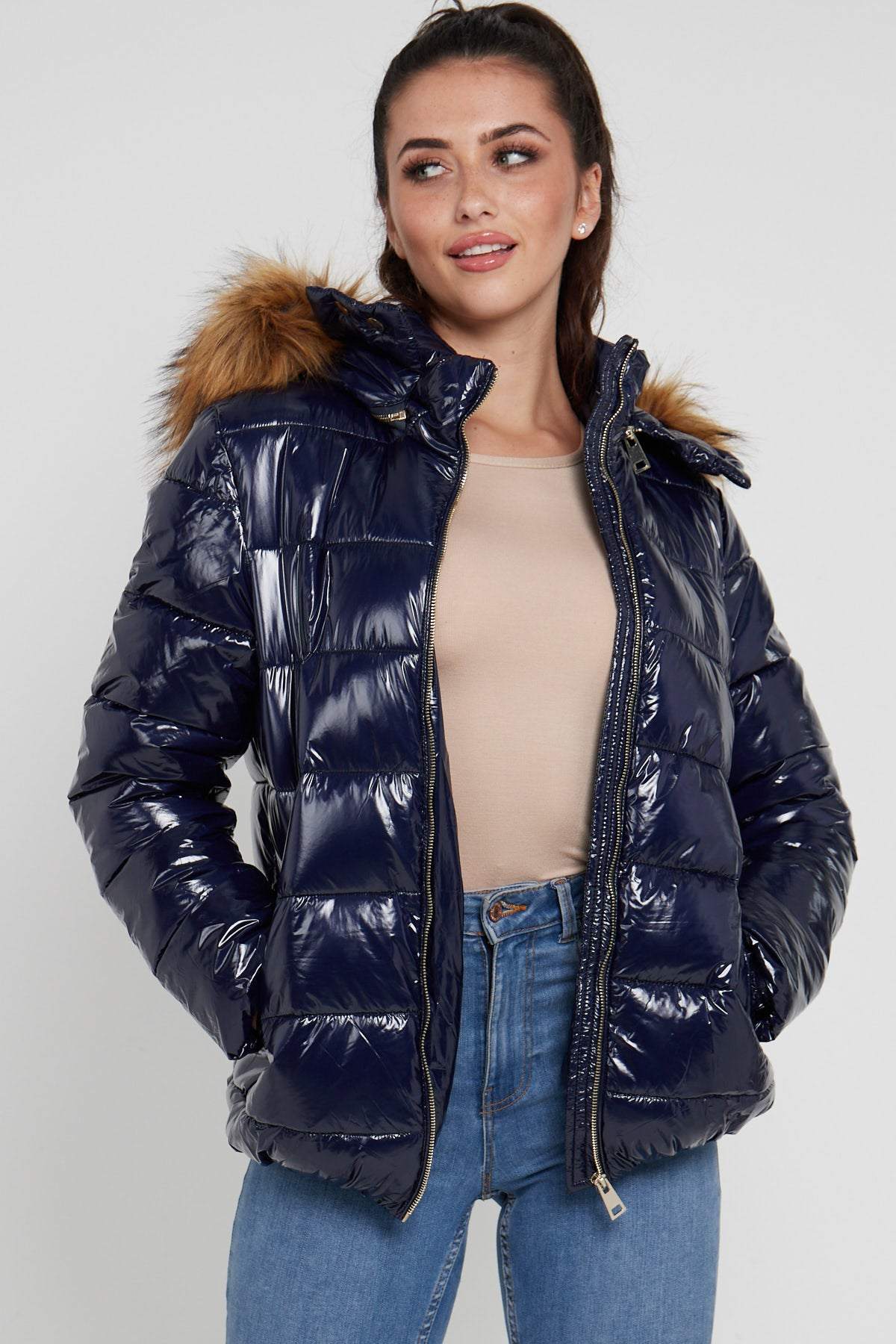 Wet Look Padded Jacket with Faux Fur Hood in Shiny Navy – LOVE SUNSHINE