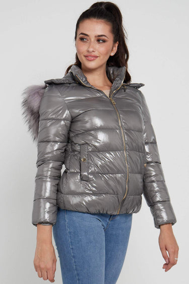 Love Sunshine Grey Shiny Puffer Jacket with Grey Faux Fur LS-6042