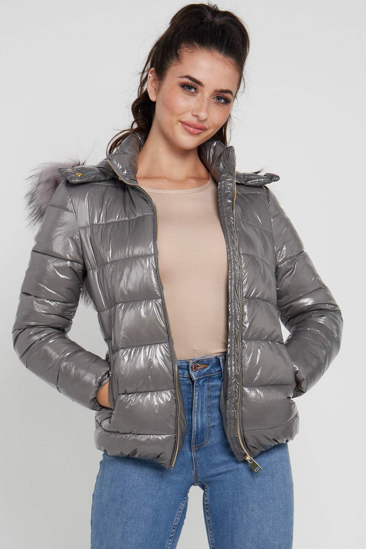 Love Sunshine Grey Shiny Puffer Jacket with Grey Faux Fur LS-6042