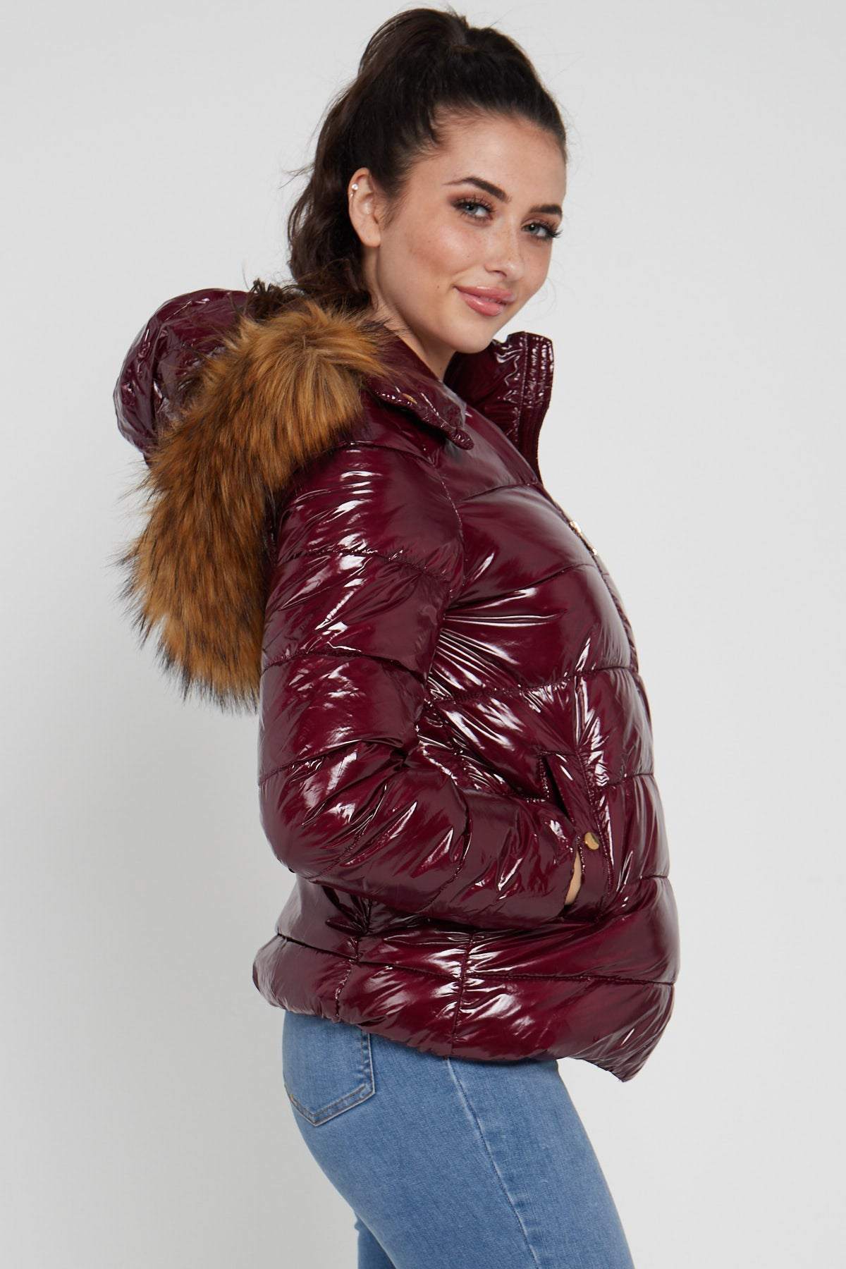 Love Sunshine Burgundy Shiny Puffer Jacket with Big Faux Fur LS-6042