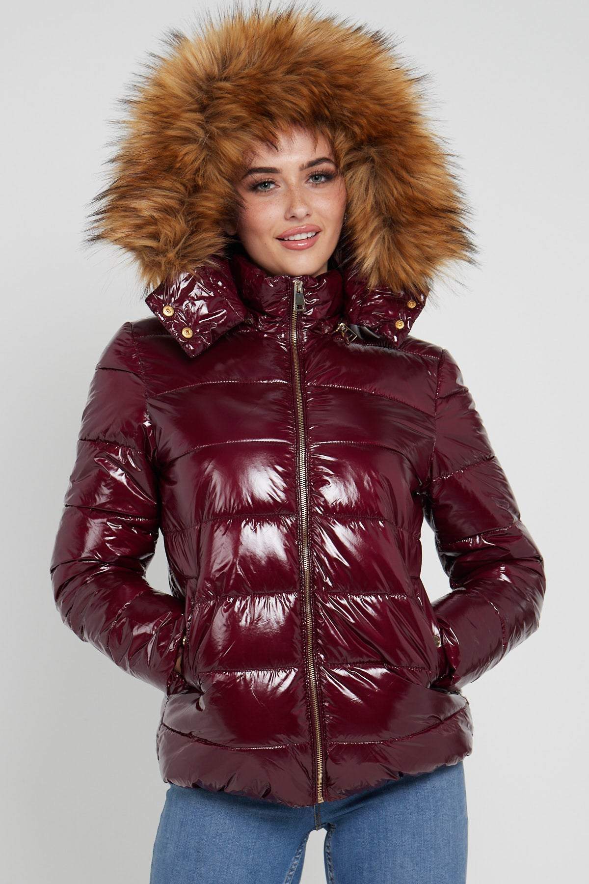 Burgundy Shiny Puffer Jacket with Big Faux Fur – Love Sunshine
