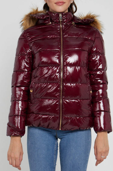 Love Sunshine Burgundy Shiny Puffer Jacket with Big Faux Fur LS-6042