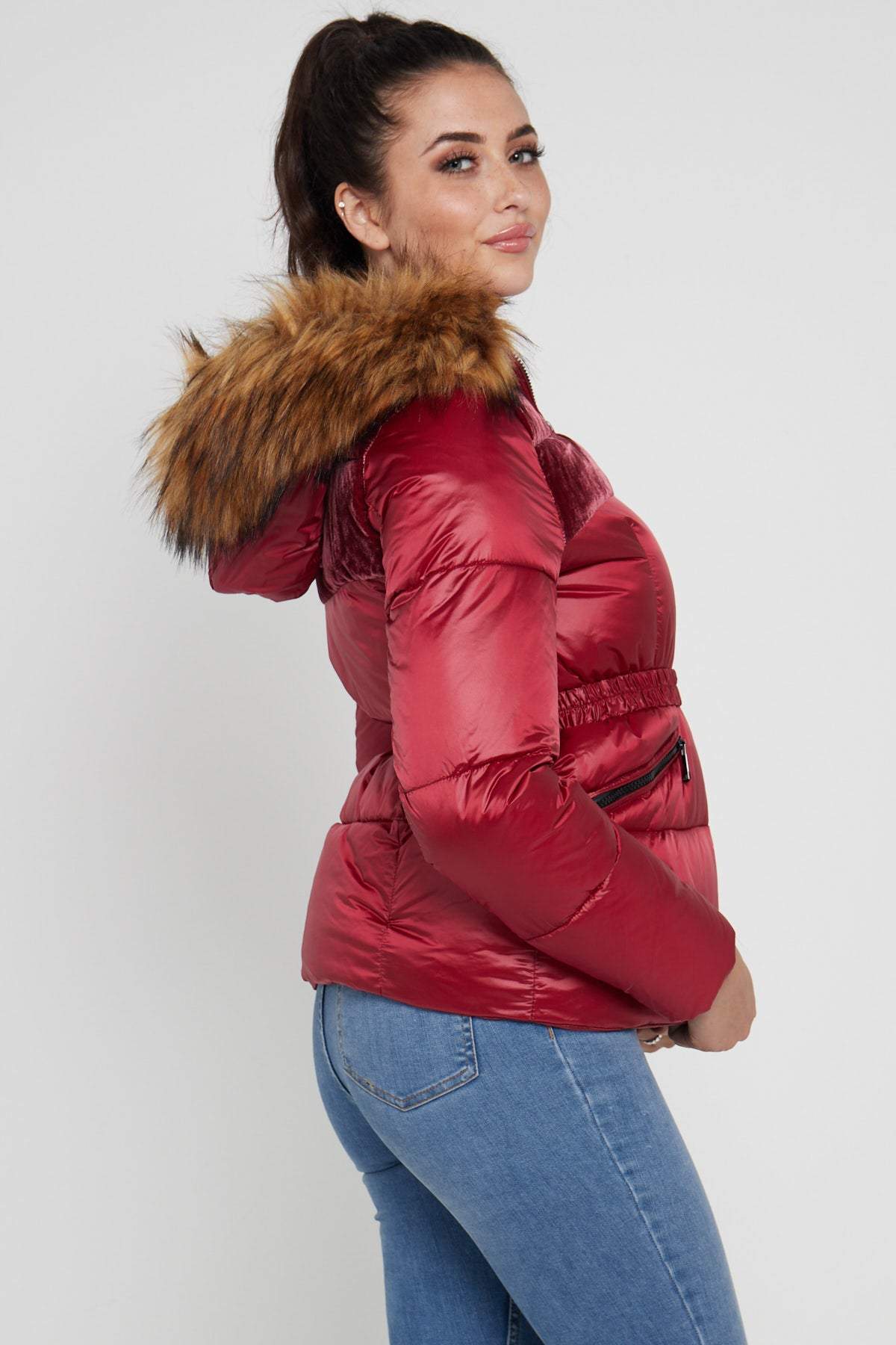 Love Sunshine Red Nylon Textured Velvet Block Belted Puffer Jacket LS-2014