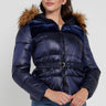 Love Sunshine Blue Nylon Textured Velvet Block Belted Puffer Jacket LS-2014