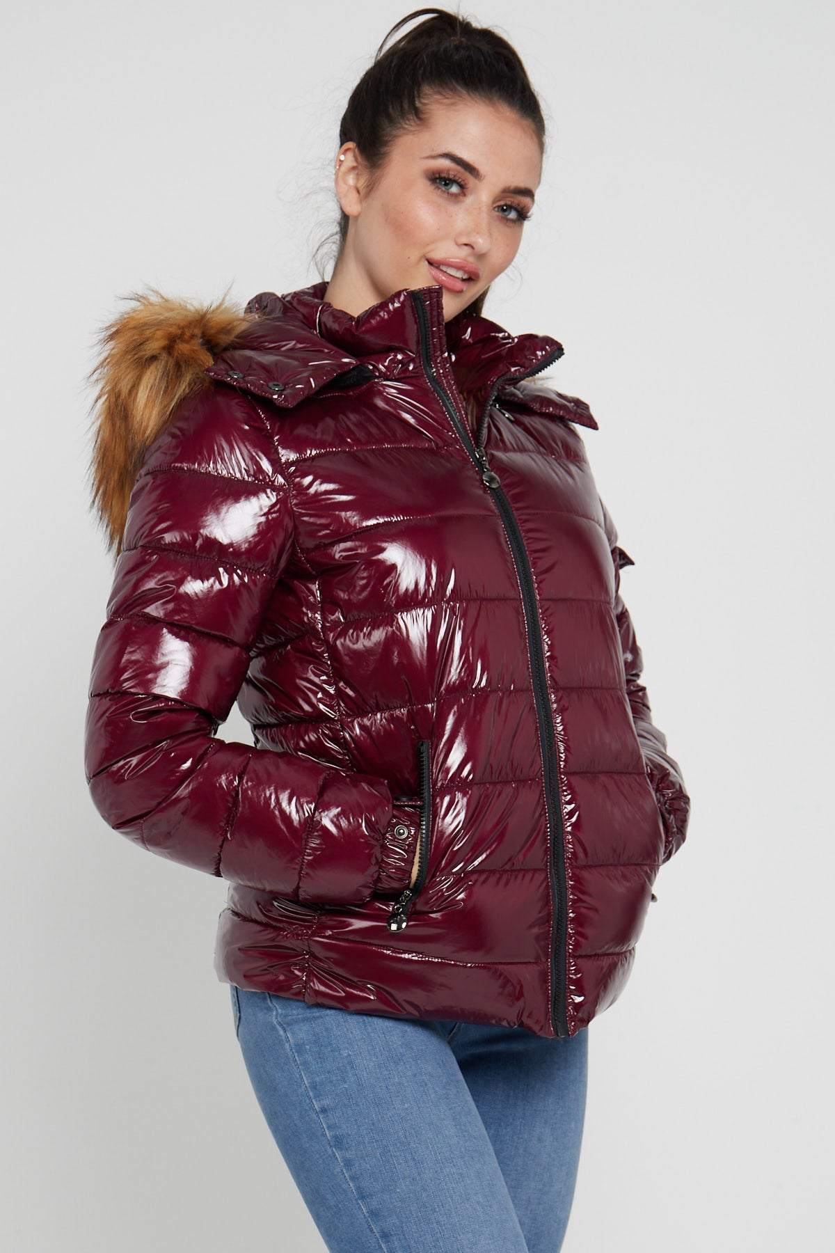 Love Sunshine Shiny Burgundy Puffer Coat with Detachable Faux Fur Hood LS-8101