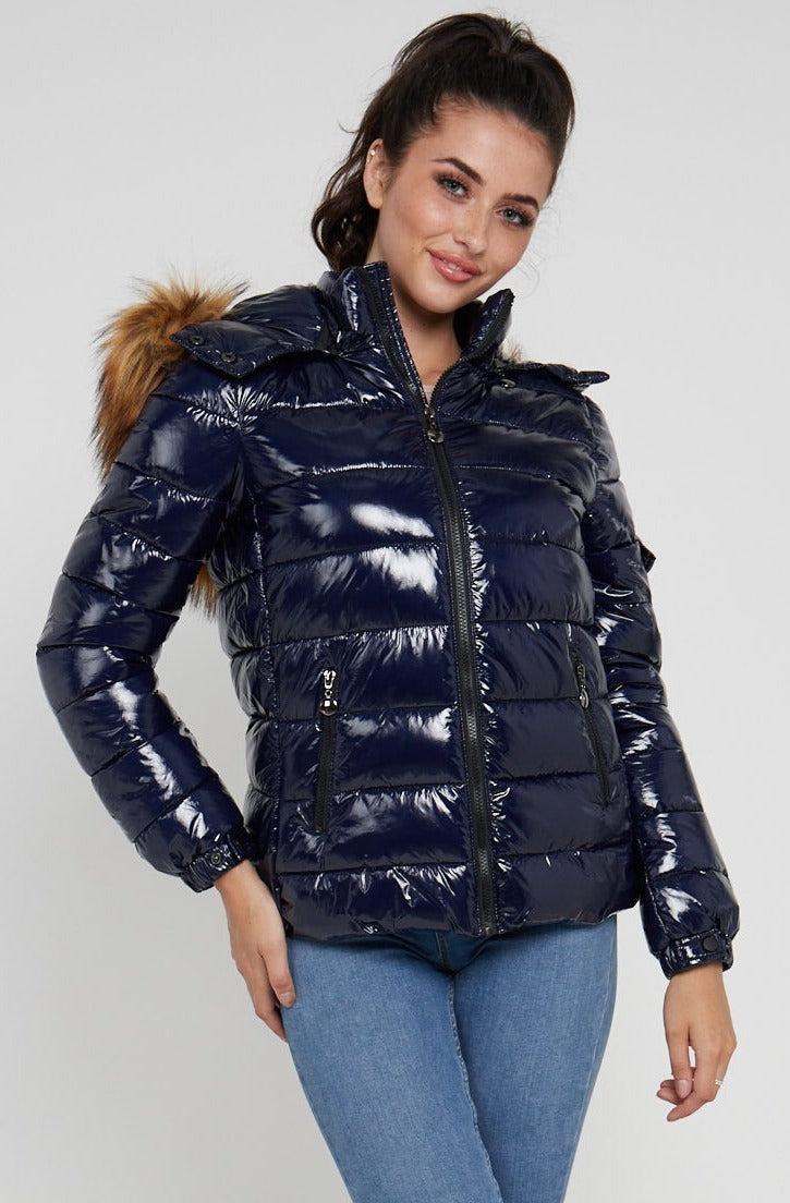 Love Sunshine Shiny Navy Puffer Coat with Detachable Faux Fur Hood LS-8101