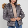Love Sunshine Grey Wet Look Puffer Coat with Faux Fur Hood LS-8101