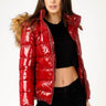 Love Sunshine Wet Look Padded Jacket with Faux Fur Hood in Shiny Red LS-6042