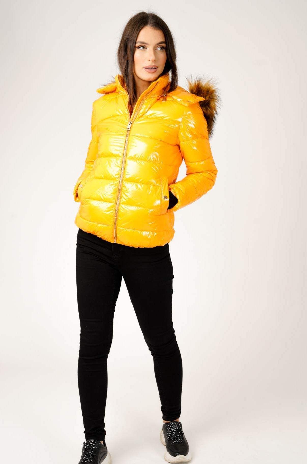 Love Sunshine Wet Look Padded Jacket with Faux Fur Hood in Shiny Mustard LS-6042