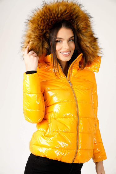 Love Sunshine Wet Look Padded Jacket with Faux Fur Hood in Shiny Mustard LS-6042