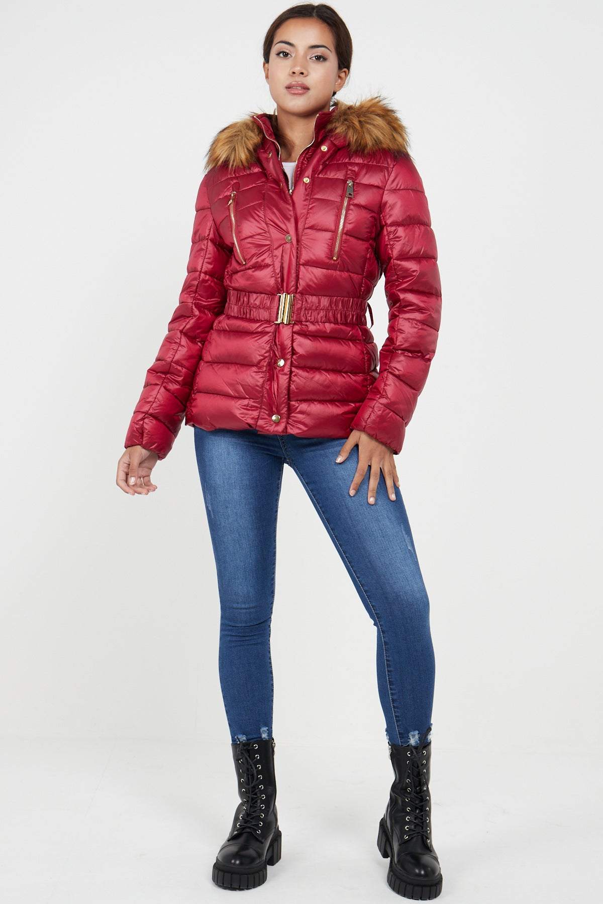 Love Sunshine Padded Jacket with Faux Fur Hood in Red LS-9027
