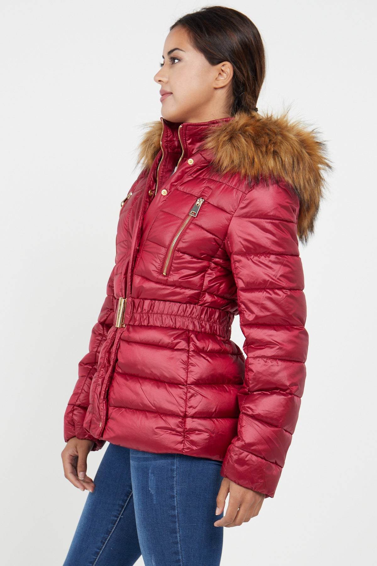 Love Sunshine Padded Jacket with Faux Fur Hood in Red LS-9027