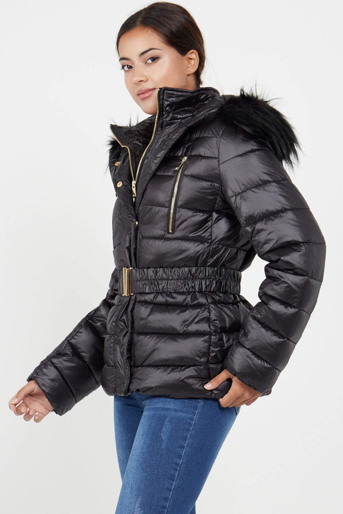 Black Nylon Puffer Jacket with Faux fur on Hood – LOVE SUNSHINE