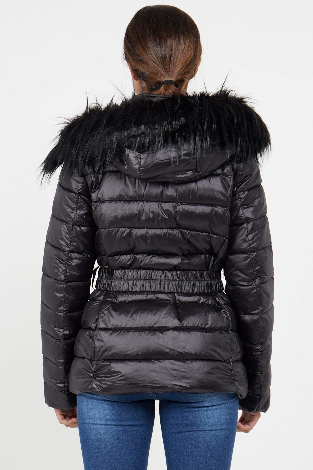 Love Sunshine Black Nylon Puffer Jacket with Faux fur on Hood LS-9027