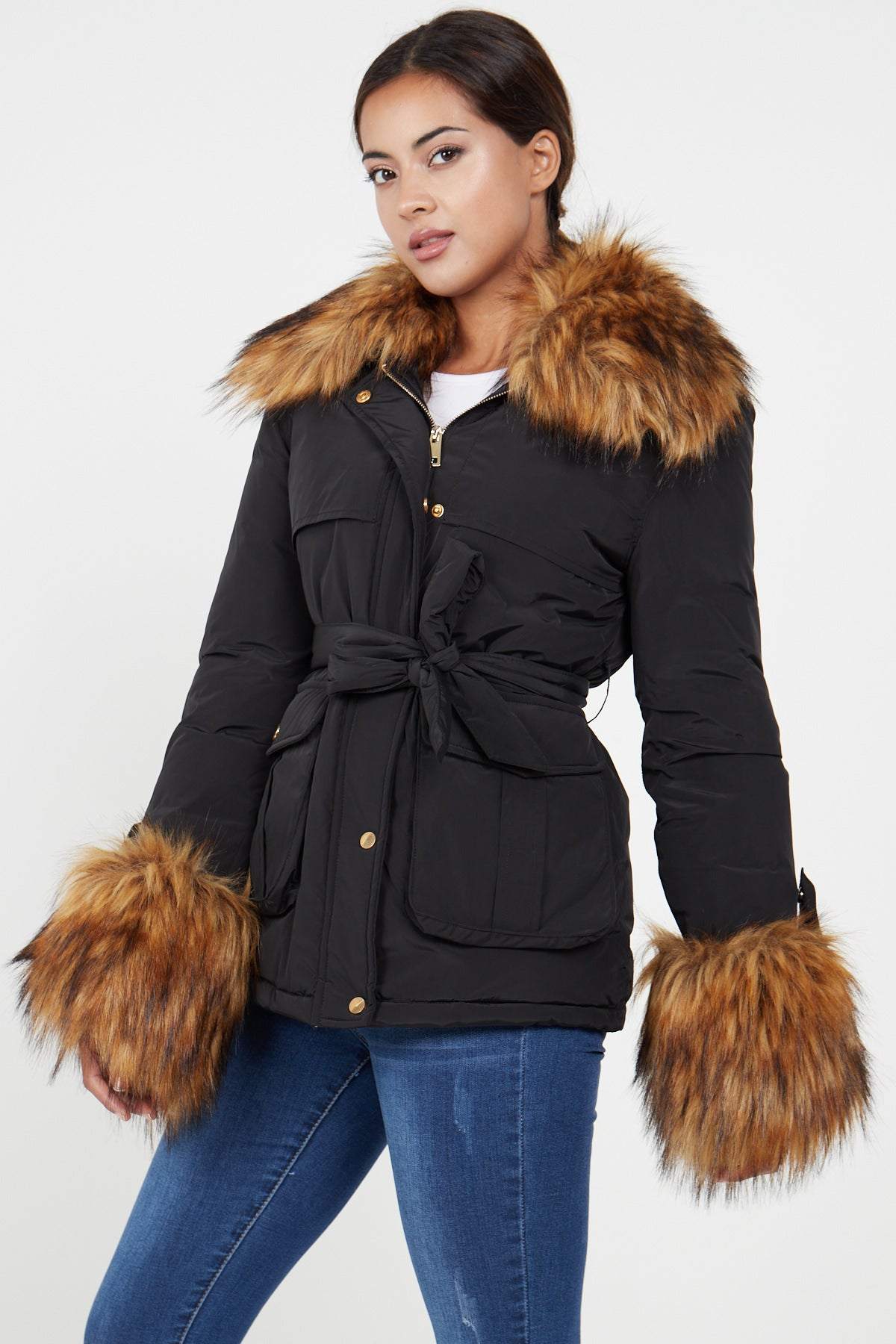Love Sunshine Black Faux Fur Cuffed Belted Padded Jacket LS-2015
