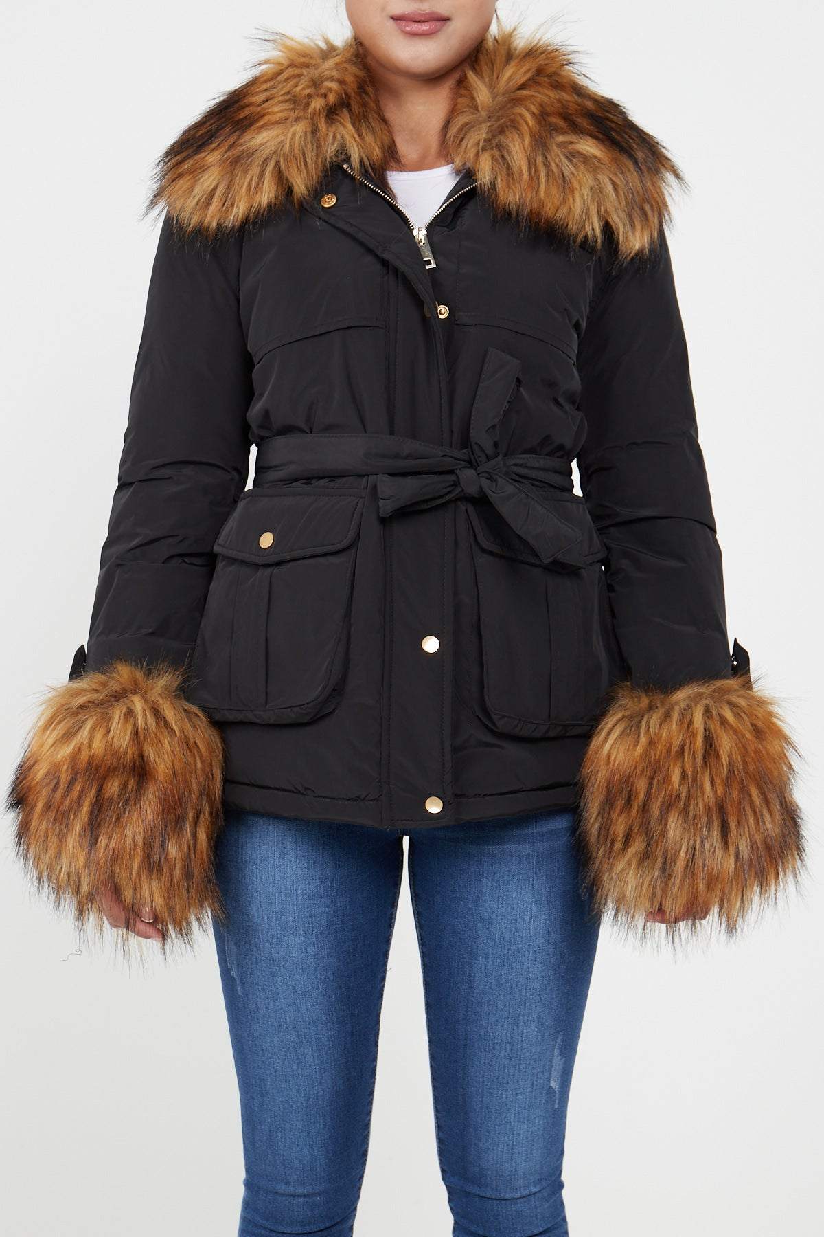 Love Sunshine Black Faux Fur Cuffed Belted Padded Jacket LS-2015