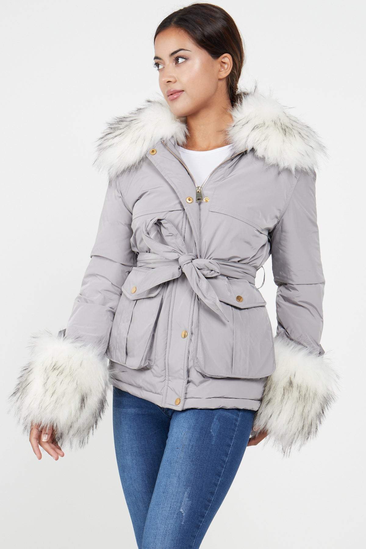 Love Sunshine Grey Faux Fur Cuffed Belted Padded Jacket LS-2015