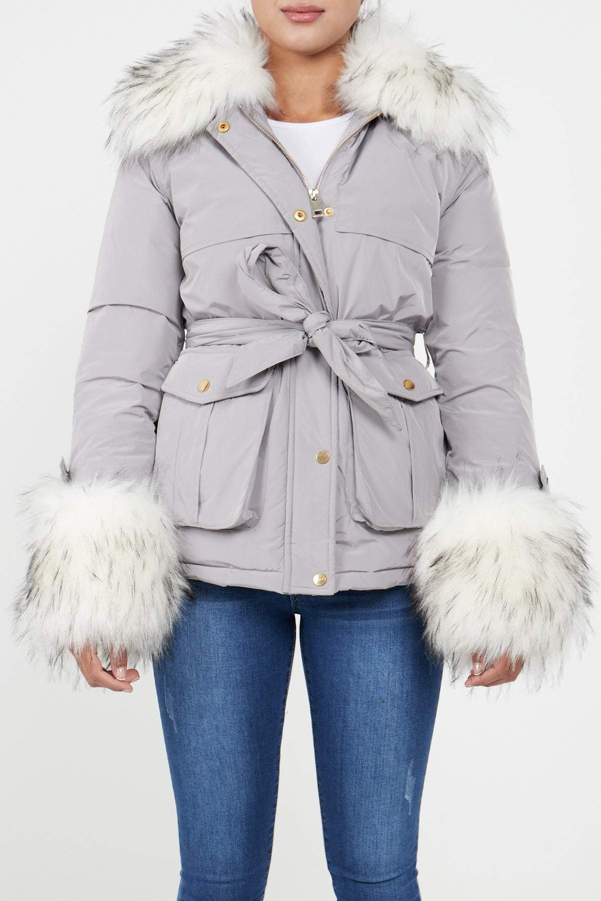 Love Sunshine Grey Faux Fur Cuffed Belted Padded Jacket LS-2015