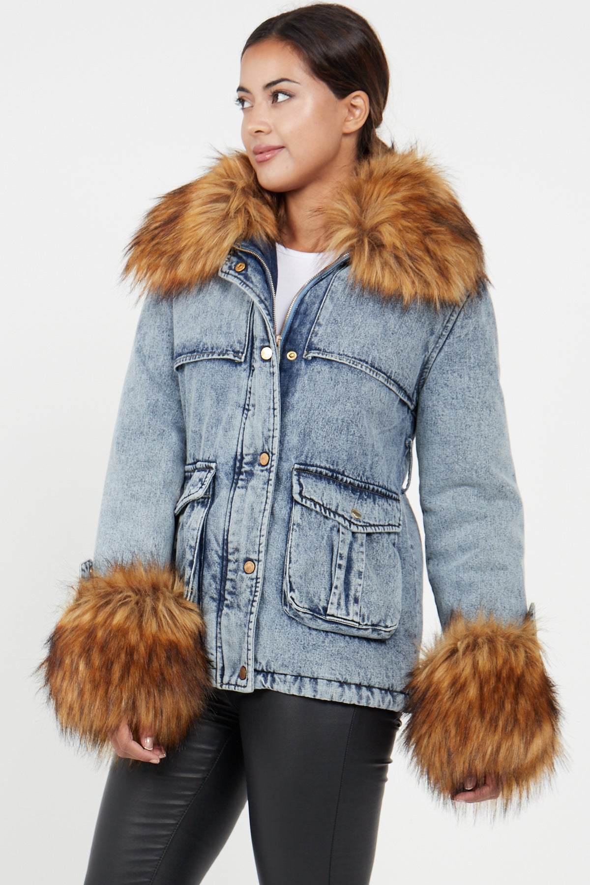 Love Sunshine Faux Fur Cuff and Collar Padded Belted Denim Jacket LS-2015
