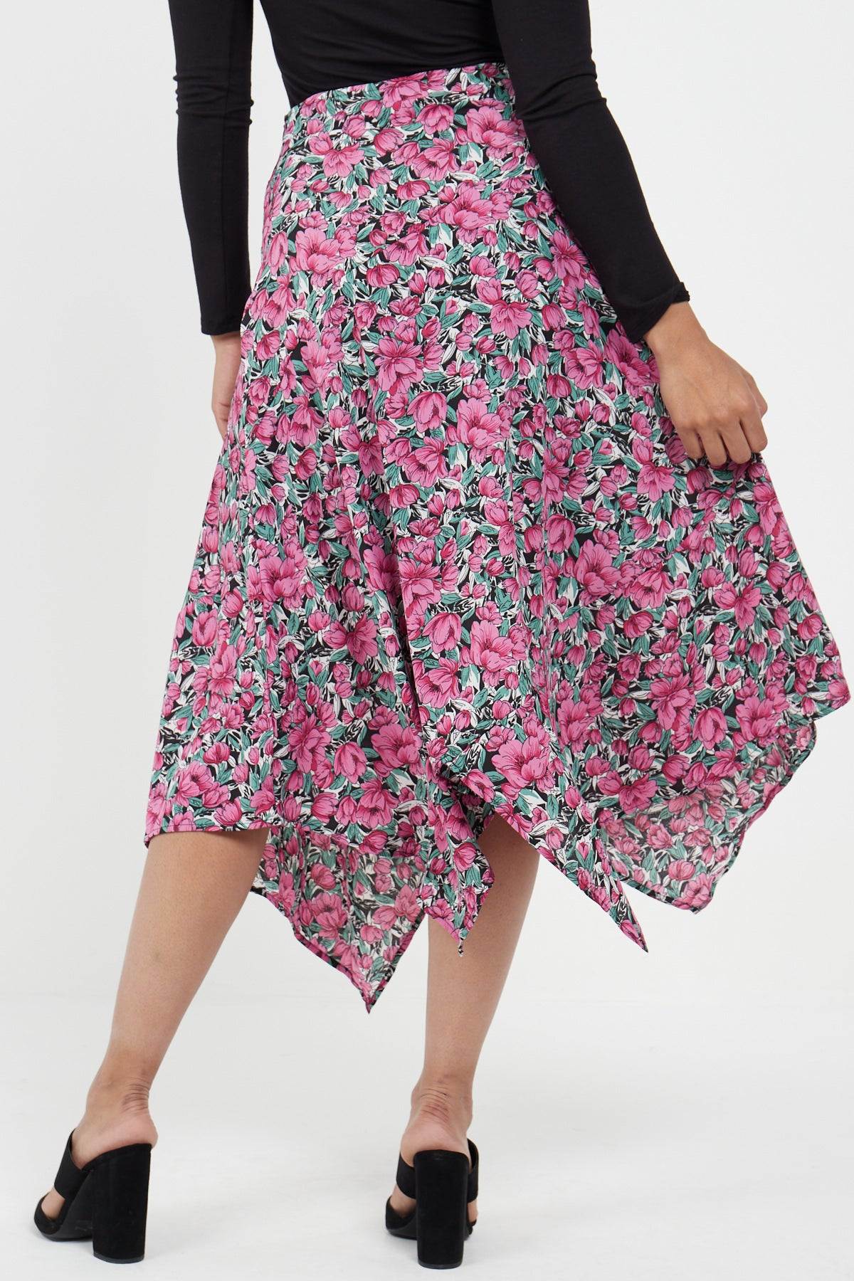 Love Sunshine Pink Floral Printed Asymmetric hem Skirt skirts