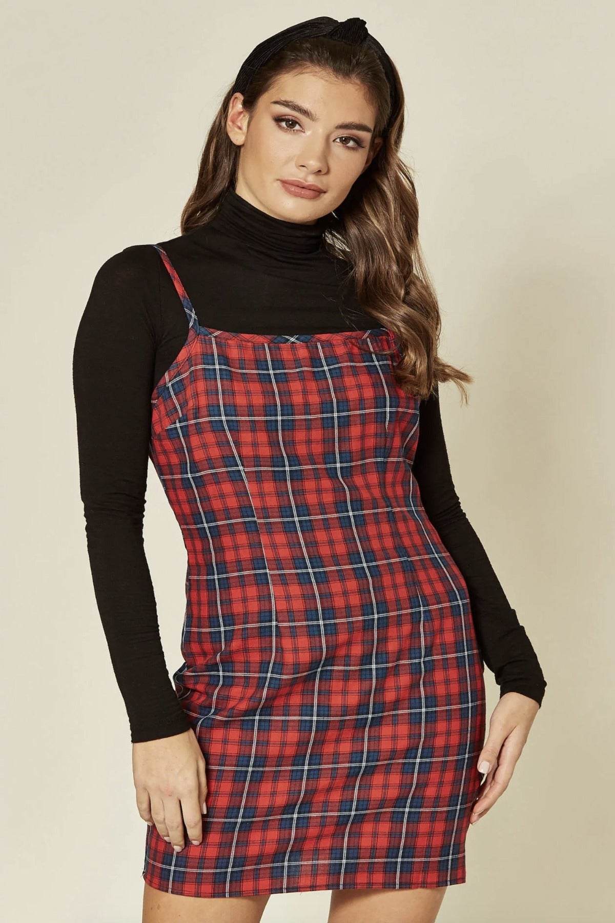 Love Sunshine Red & Navy Tartan Cami Mini Dress LS-9133