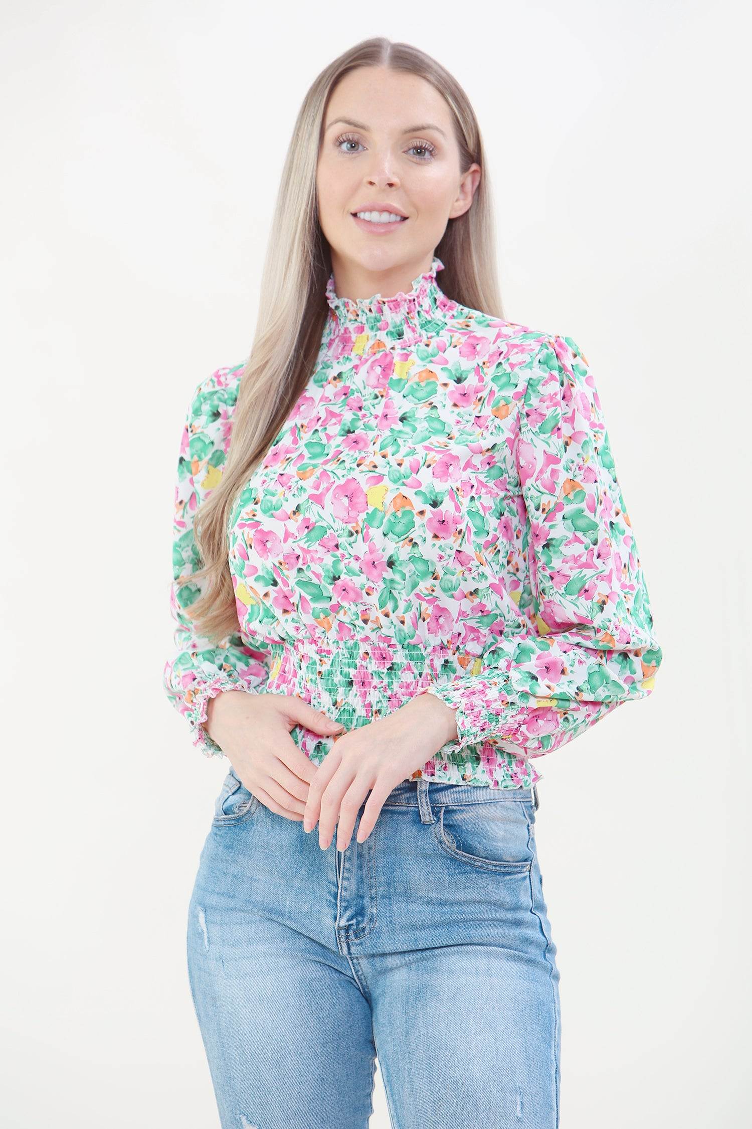 Love Sunshine White Floral Print Shirred Waist Cropped Top Brunch Casual Everyday Garden Party LS-9088 Workwear