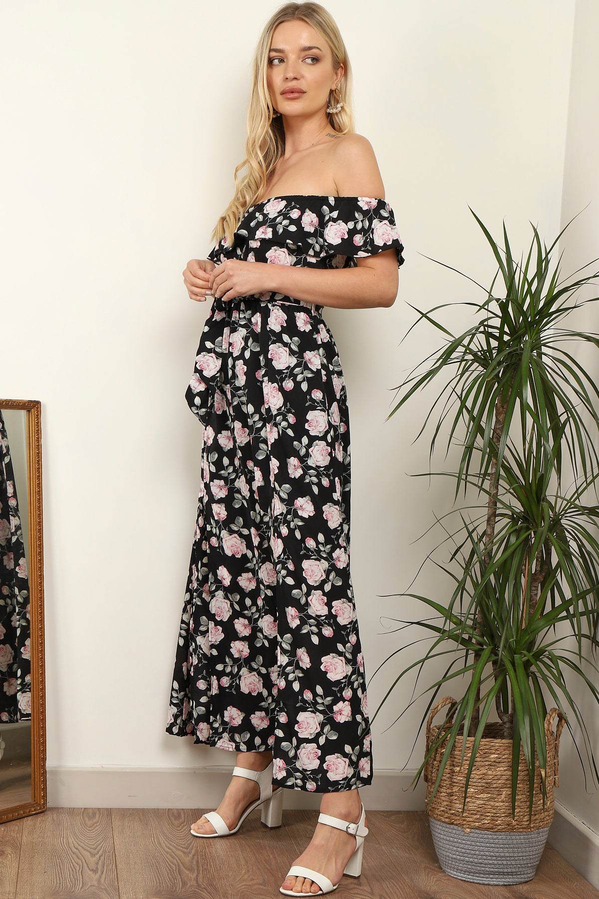 Love Sunshine Black Rose Printed Frill Bardot Maxi Dress LS-6012