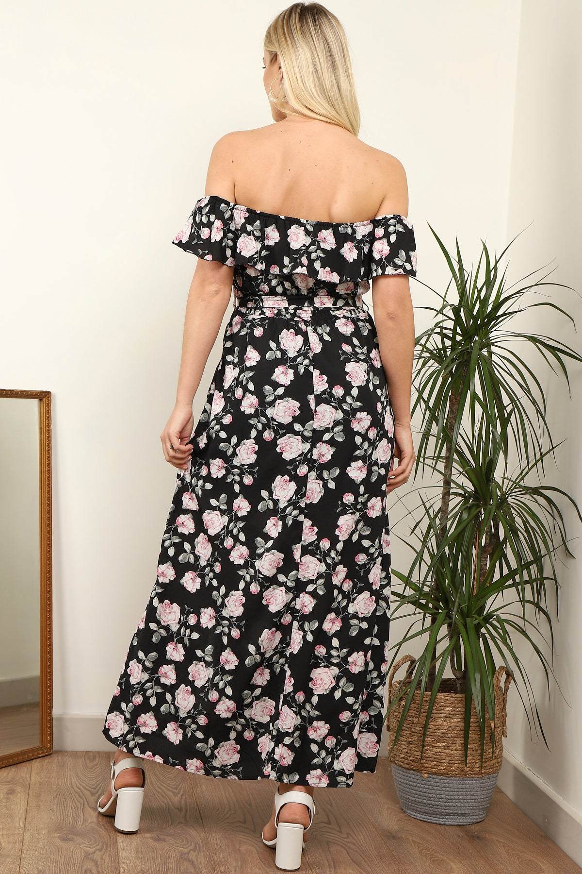 Love Sunshine Black Rose Printed Frill Bardot Maxi Dress LS-6012