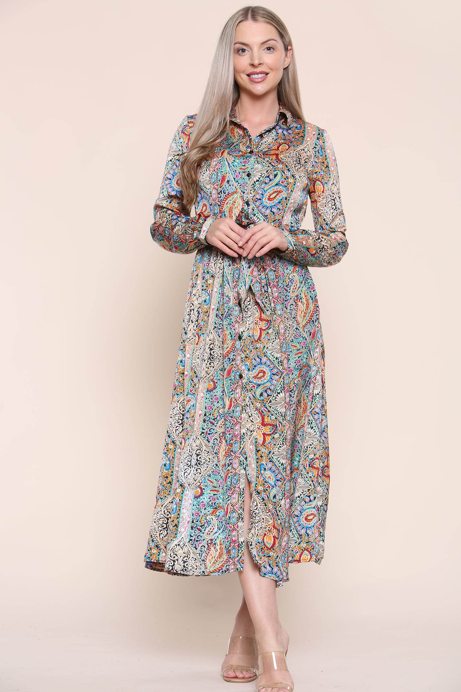 Love Sunshine Paisley Maxi Dress Long Sleeve in Green Love Sunshine Brunch Dress Casual Dress Dress with Pockets Everyday Dress Garden Party Dress Holiday Dress Long Sleeve Dress LS-2037 Wedding Guest Dress Workwear Dress