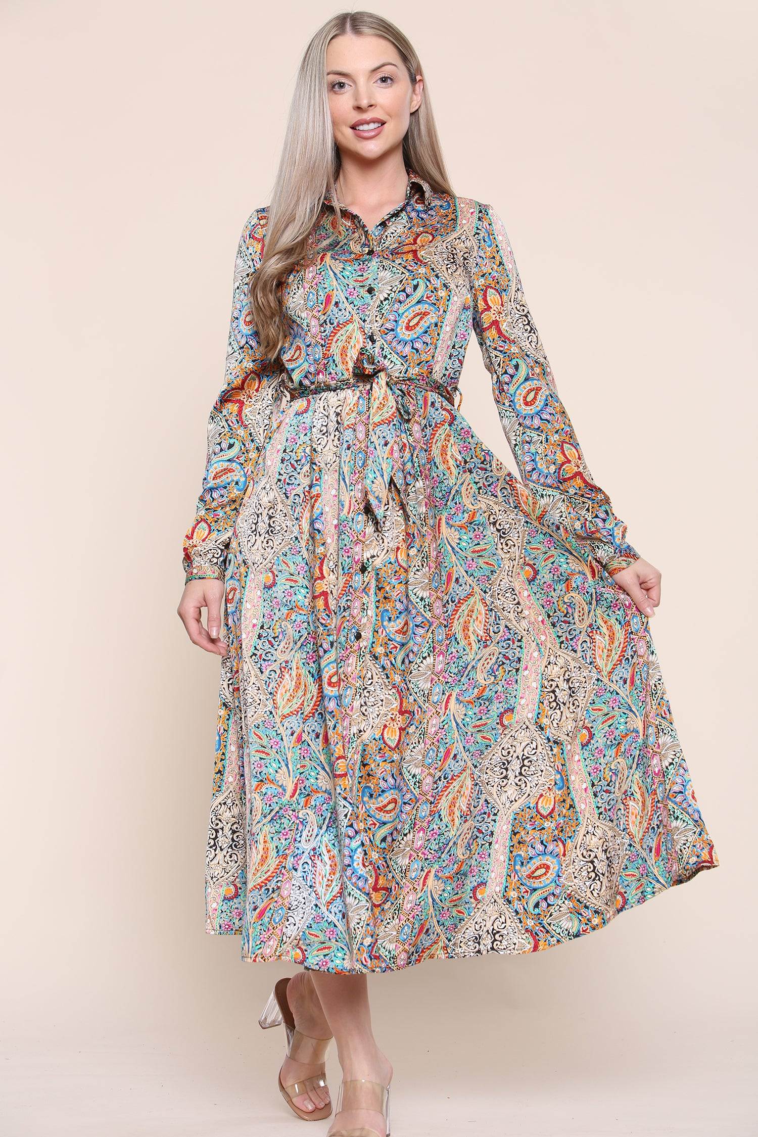 Love Sunshine Paisley Maxi Dress Long Sleeve in Green Love Sunshine Brunch Dress Casual Dress Dress with Pockets Everyday Dress Garden Party Dress Holiday Dress Long Sleeve Dress LS-2037 Wedding Guest Dress Workwear Dress