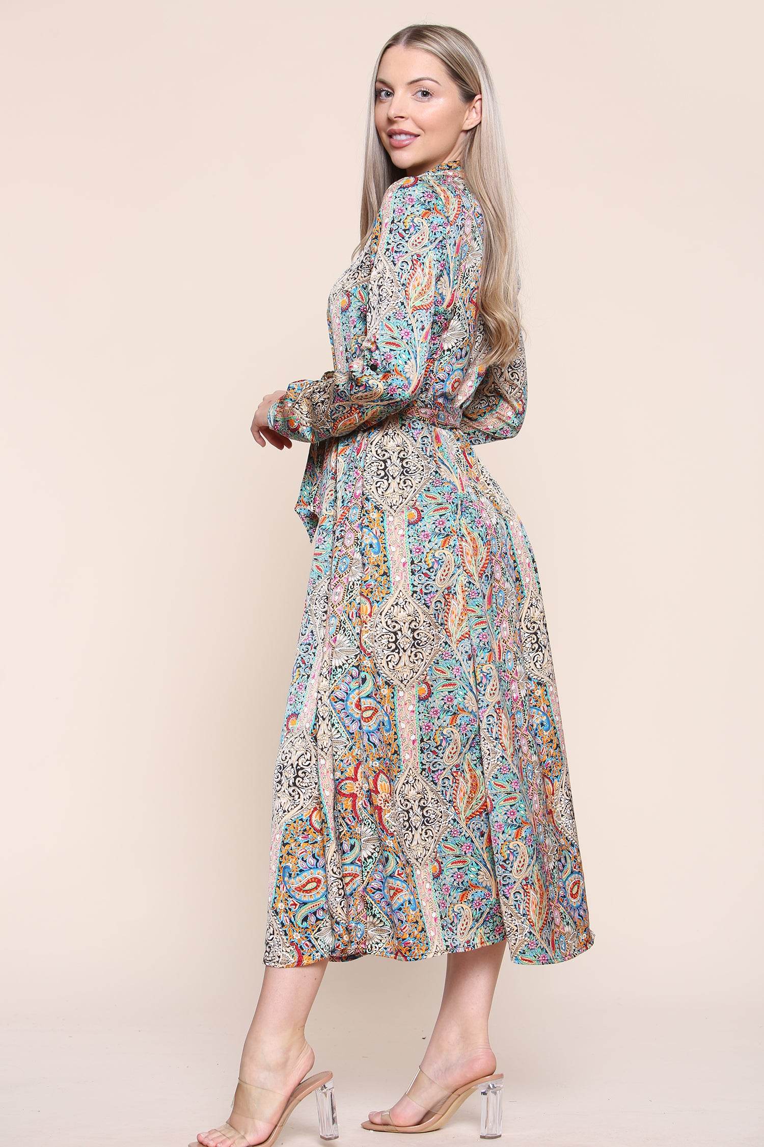Love Sunshine Paisley Maxi Dress Long Sleeve in Green Love Sunshine Brunch Dress Casual Dress Dress with Pockets Everyday Dress Garden Party Dress Holiday Dress Long Sleeve Dress LS-2037 Wedding Guest Dress Workwear Dress