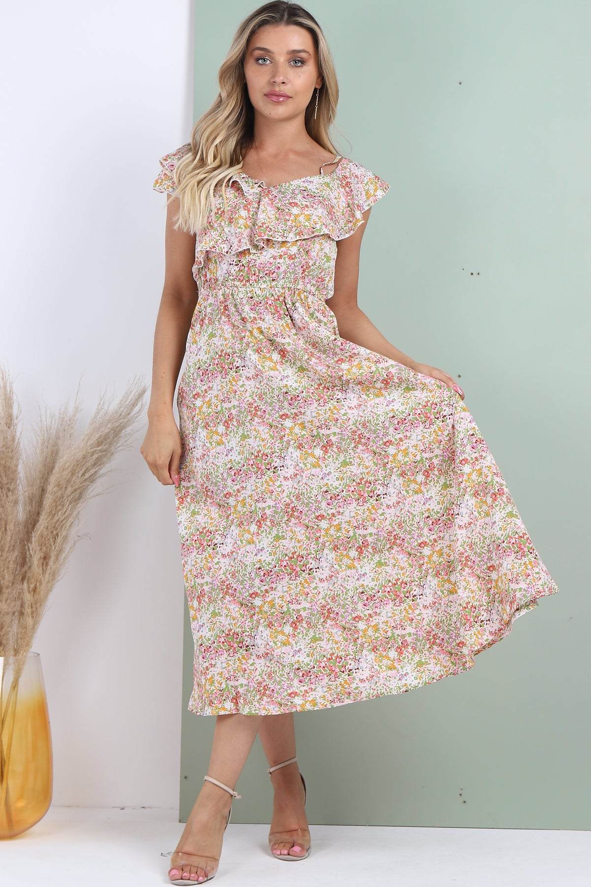 Love Sunshine White Ditsy Floral Printed Asymmetric Strap Midi Dress 2112