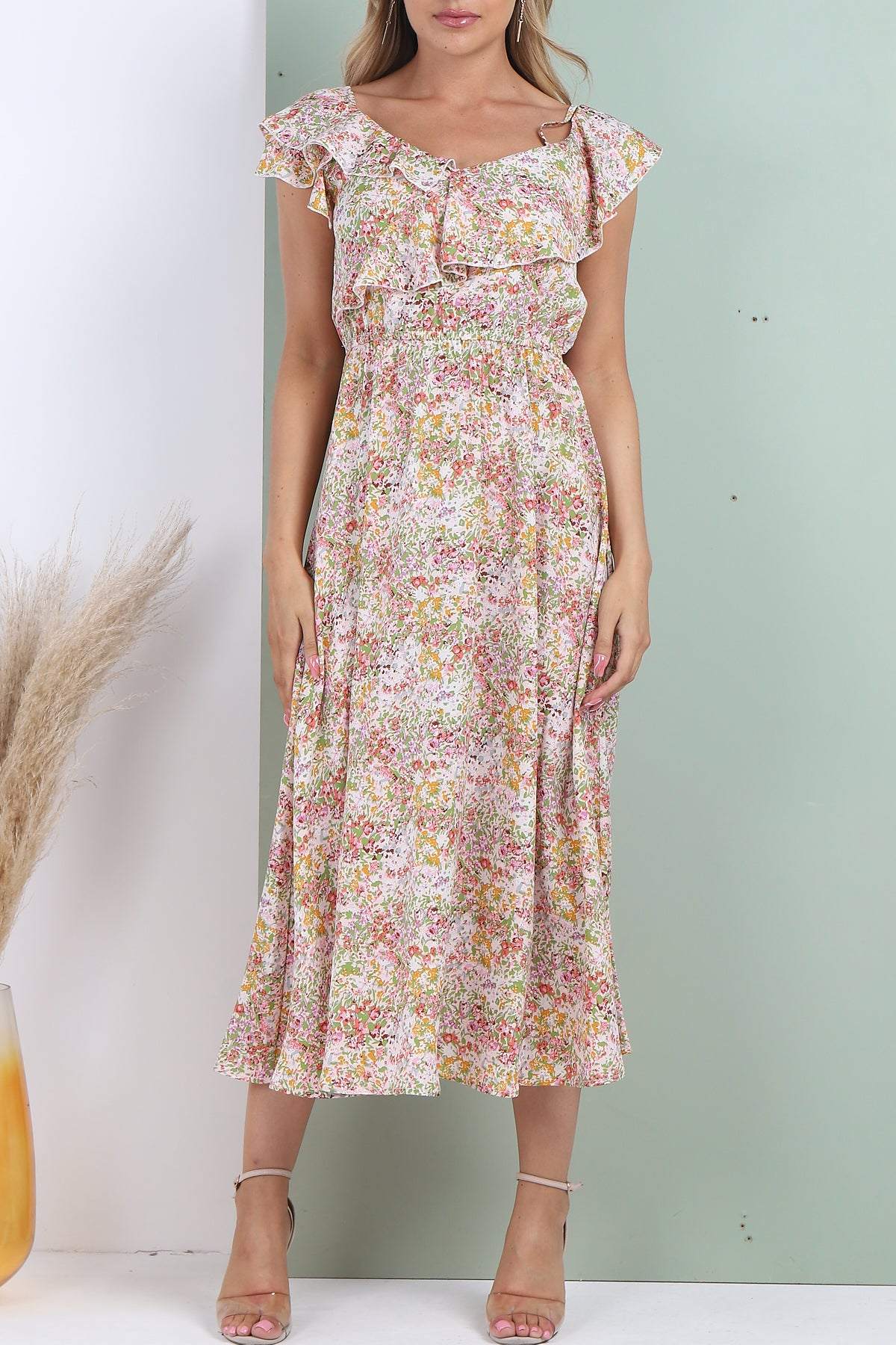 Love Sunshine White Ditsy Floral Printed Asymmetric Strap Midi Dress 2112