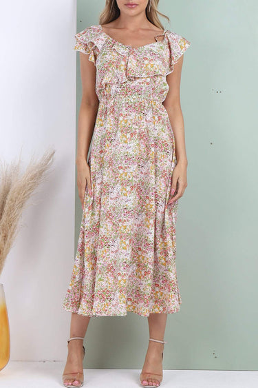 Love Sunshine White Ditsy Floral Printed Asymmetric Strap Midi Dress 2112
