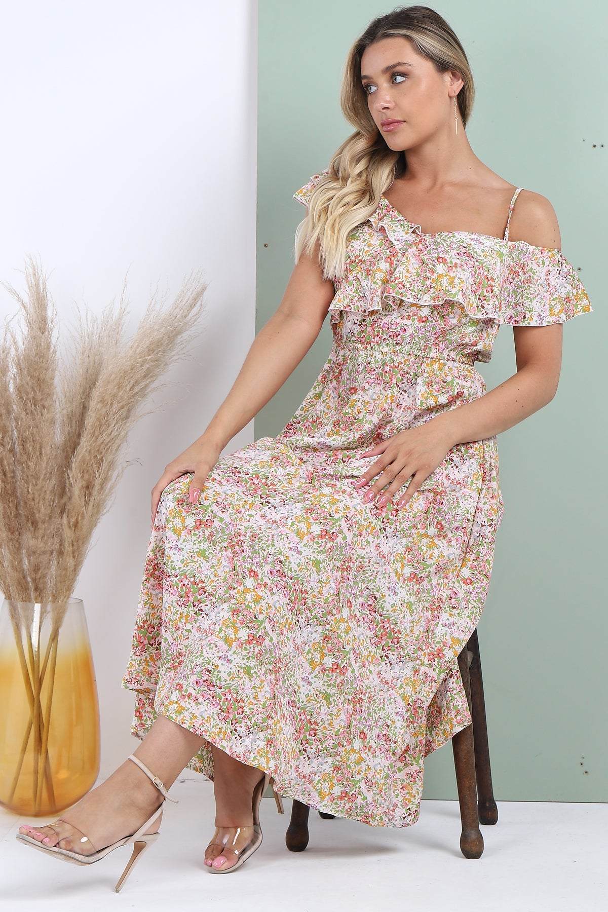 Love Sunshine White Ditsy Floral Printed Asymmetric Strap Midi Dress 2112