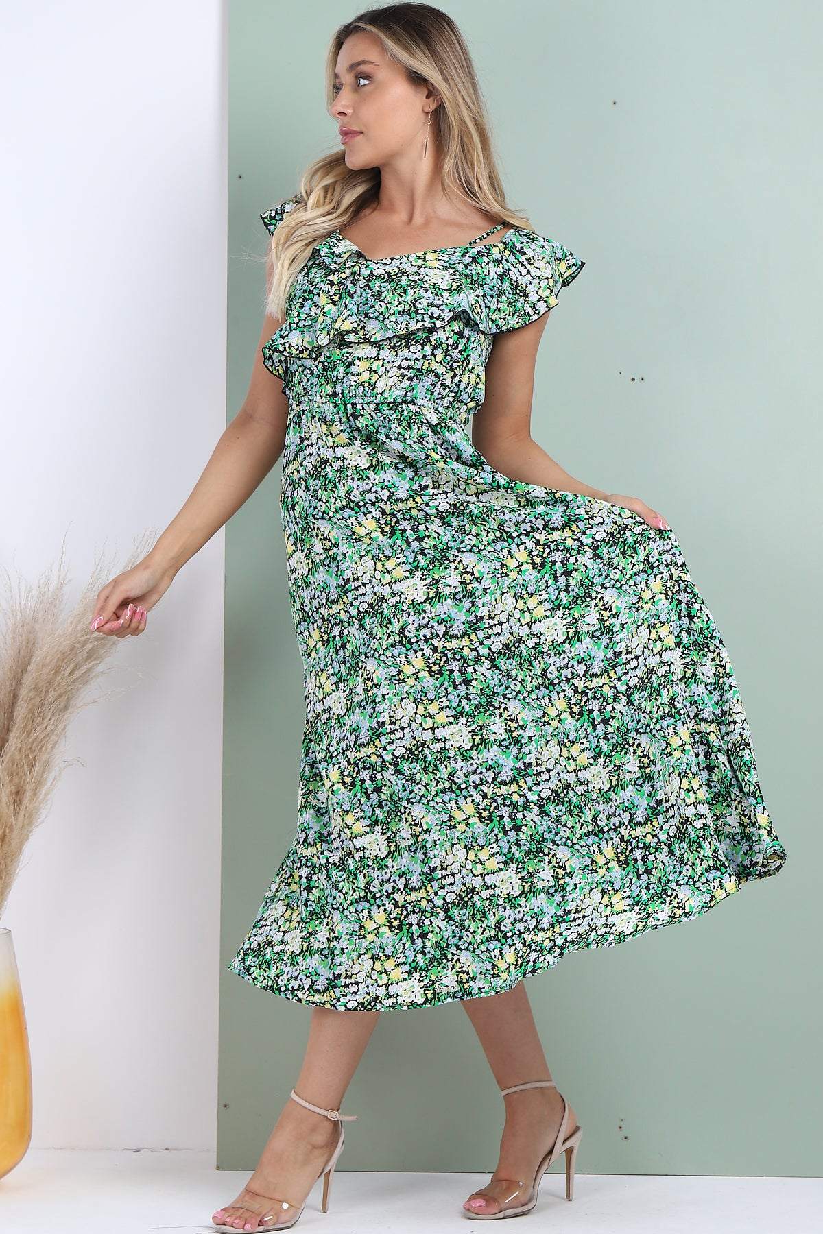 Love Sunshine Black Ditsy Floral Printed Asymmetric Strap Midi Dress 2112