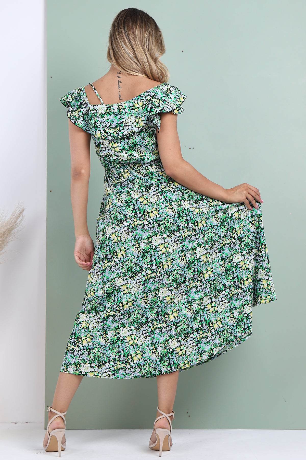 Love Sunshine Black Ditsy Floral Printed Asymmetric Strap Midi Dress 2112
