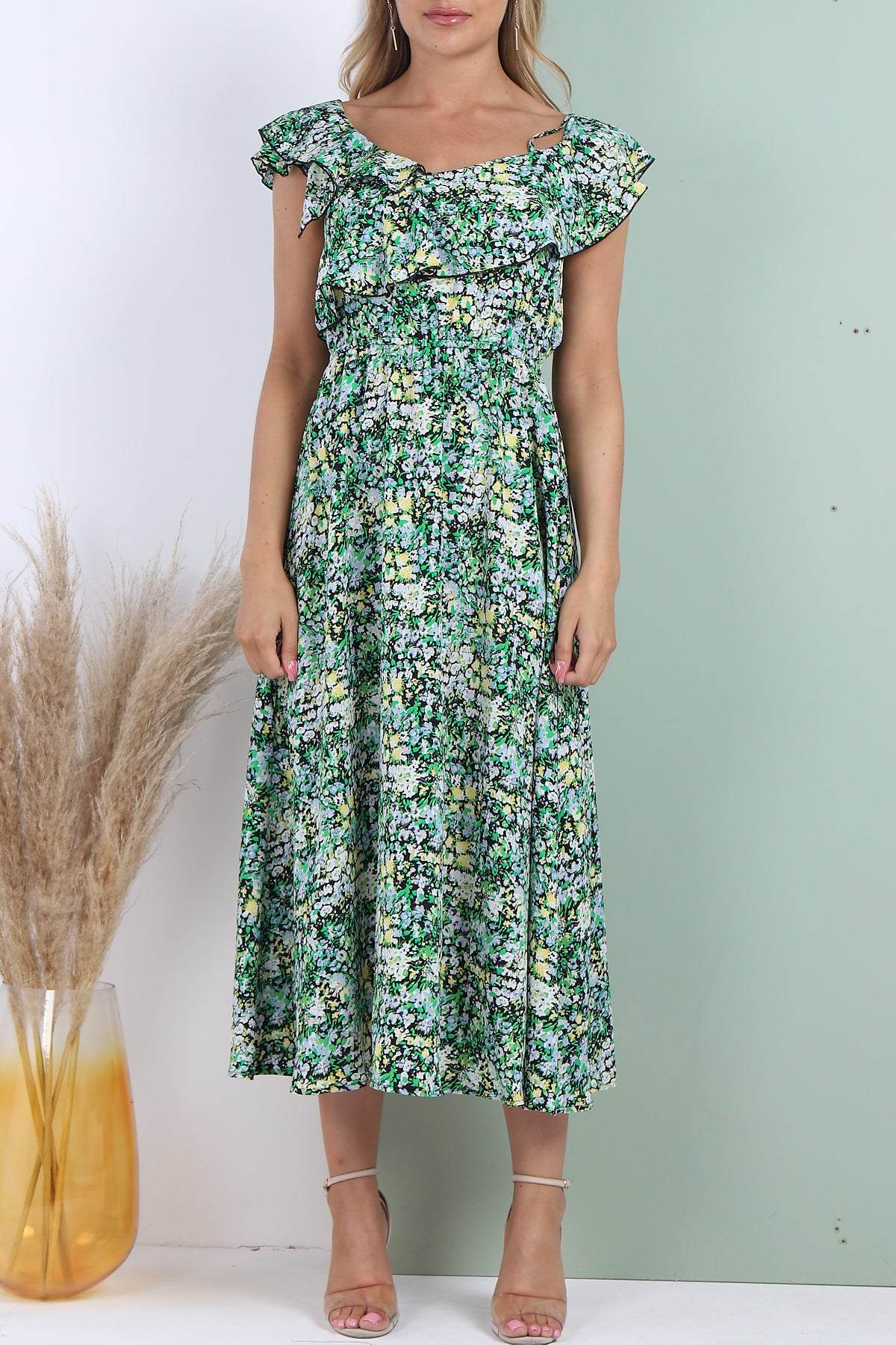 Love Sunshine Black Ditsy Floral Printed Asymmetric Strap Midi Dress 2112