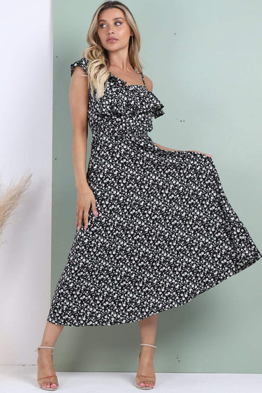 Love Sunshine Black Floral Printed Asymmetric Strap Midi Dress 2112