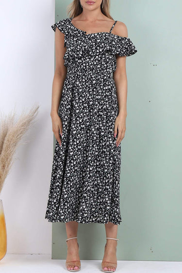 Love Sunshine Black Floral Printed Asymmetric Strap Midi Dress 2112