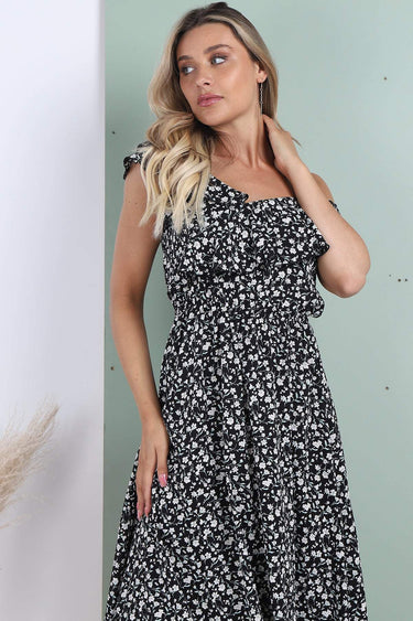 Love Sunshine Black Floral Printed Asymmetric Strap Midi Dress 2112