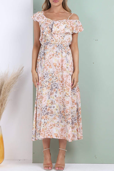 Love Sunshine Peach Floral Printed Asymmetric Strap Midi Dress 2112