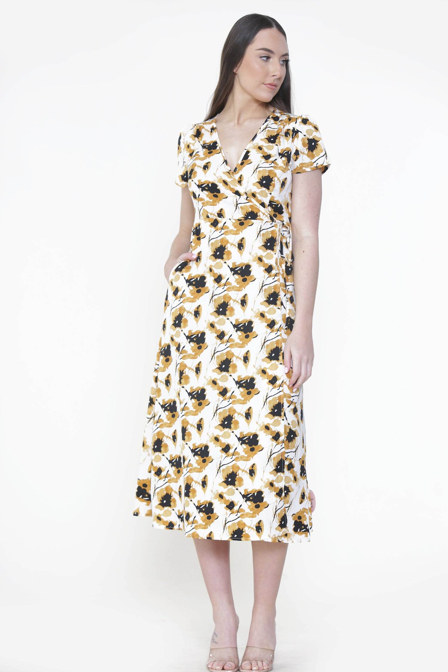 Love Sunshine Cream Floral Printed Wrap Midi Dress LS-2118