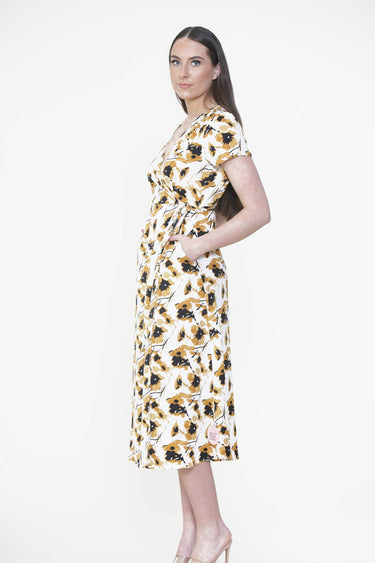 Love Sunshine Cream Floral Printed Wrap Midi Dress LS-2118
