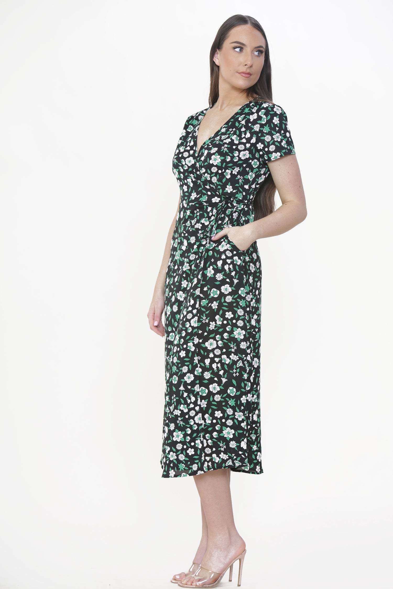 Love Sunshine Green Floral Printed Wrap Midi Dress LS-2118