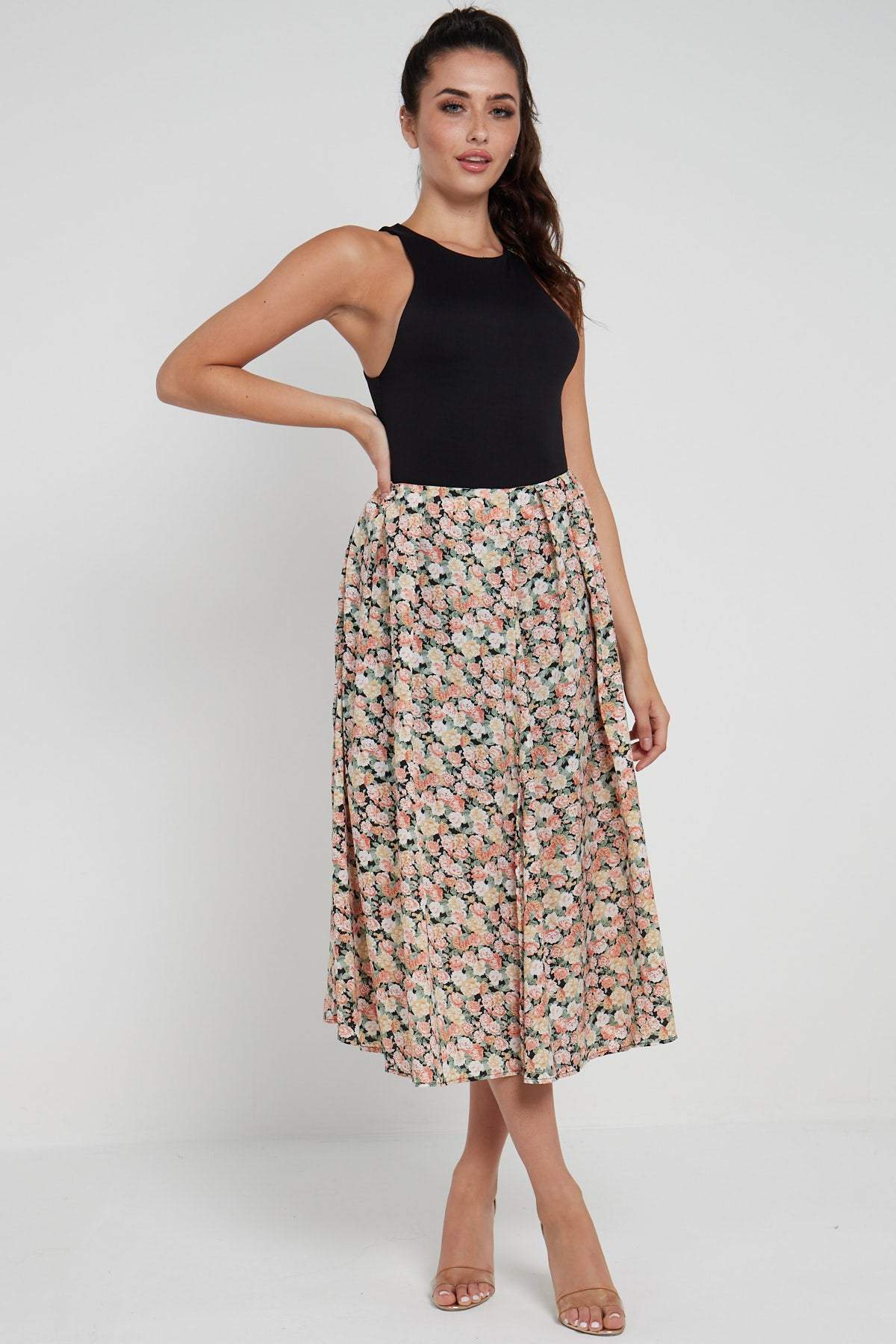 Love Sunshine Rose Floral Printed Side Slit Pleated Midi Skirt LS-2145 skirts