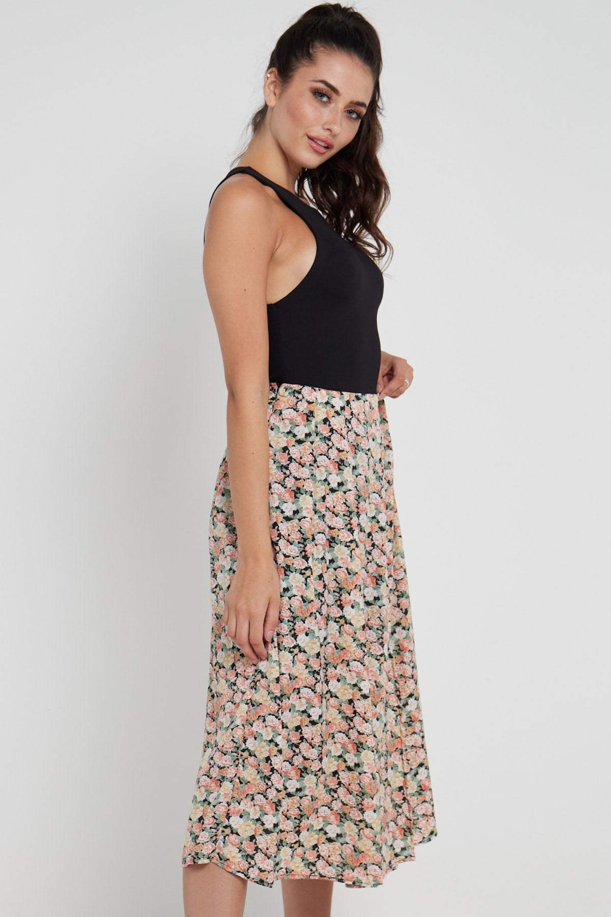 Love Sunshine Rose Floral Printed Side Slit Pleated Midi Skirt LS-2145 skirts