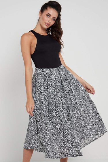 Love Sunshine Black Ditsy Printed Side Slit Pleated Midi Skirt LS-2145 skirts