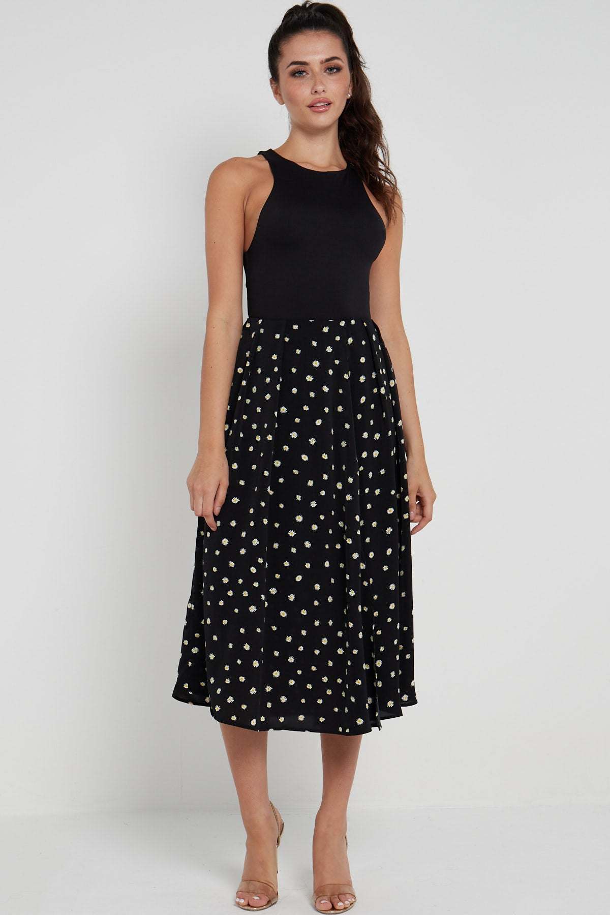 Love Sunshine Black Daisy Printed Side Slit Pleated Midi Skirt LS-2145 skirts