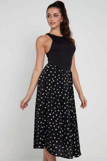 Love Sunshine Black Daisy Printed Side Slit Pleated Midi Skirt LS-2145 skirts